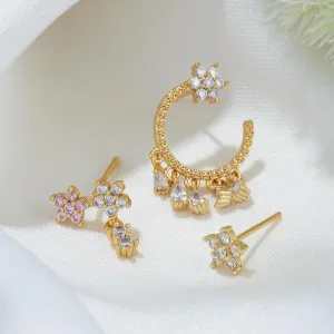 Floral Ear Cuff with Dangling Rhinestone Pink Earring Set One Ear Set Pack of 3