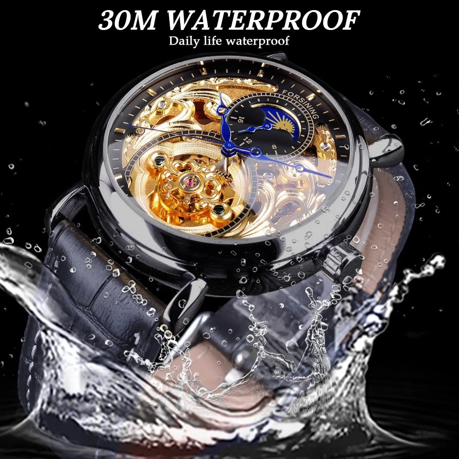 FORSINING Luxury Men's Watch with Moon Phase & Tourbillon, Retro Skeleton Hollow Self-wind Mechanical Wristwatch, Leather Belt Automatic Movement Men Watches
