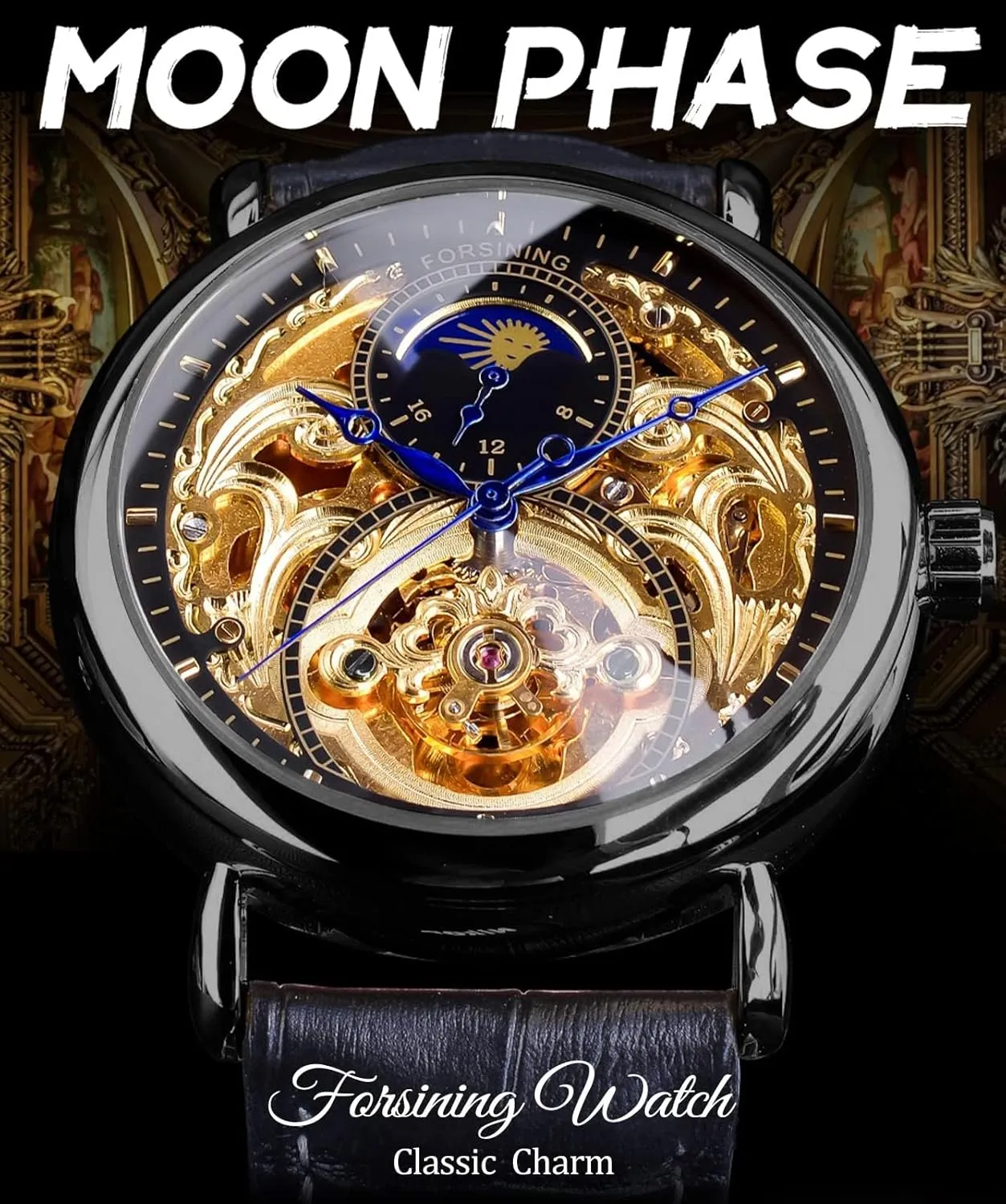 FORSINING Luxury Men's Watch with Moon Phase & Tourbillon, Retro Skeleton Hollow Self-wind Mechanical Wristwatch, Leather Belt Automatic Movement Men Watches