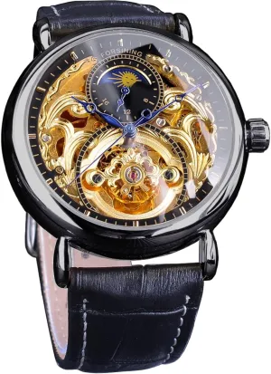 FORSINING Luxury Men's Watch with Moon Phase & Tourbillon, Retro Skeleton Hollow Self-wind Mechanical Wristwatch, Leather Belt Automatic Movement Men Watches