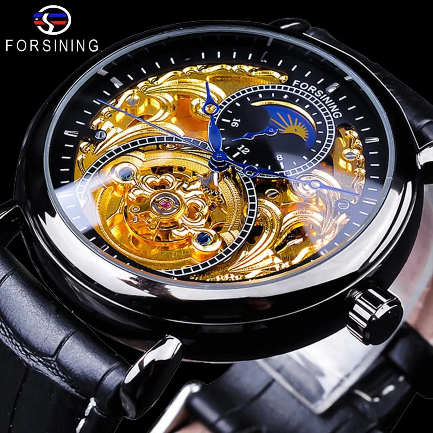 FORSINING Luxury Men's Watch with Moon Phase & Tourbillon, Retro Skeleton Hollow Self-wind Mechanical Wristwatch, Leather Belt Automatic Movement Men Watches