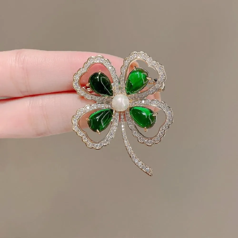 Four-leaf Clover Rhinestone Brooch Shiny Lucky Leaf Shamrock Pin Brooch for Women Shirt Collar Clothing Accessories Good Luck Jewelry St. Patrick Day Decorations