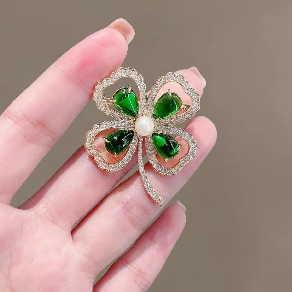 Four-leaf Clover Rhinestone Brooch Shiny Lucky Leaf Shamrock Pin Brooch for Women Shirt Collar Clothing Accessories Good Luck Jewelry St. Patrick Day Decorations