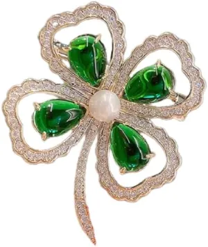 Four-leaf Clover Rhinestone Brooch Shiny Lucky Leaf Shamrock Pin Brooch for Women Shirt Collar Clothing Accessories Good Luck Jewelry St. Patrick Day Decorations
