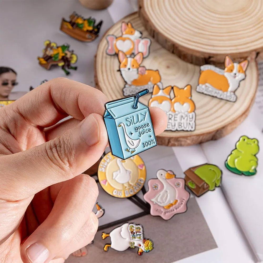 Funny Animal Enamel Pins Set Corgi Frog Goose Cat Themed Badge Pins for Backpack Novelty Lapel Pins for Clothes Cartoon Brooches for Hats Bags Jackets