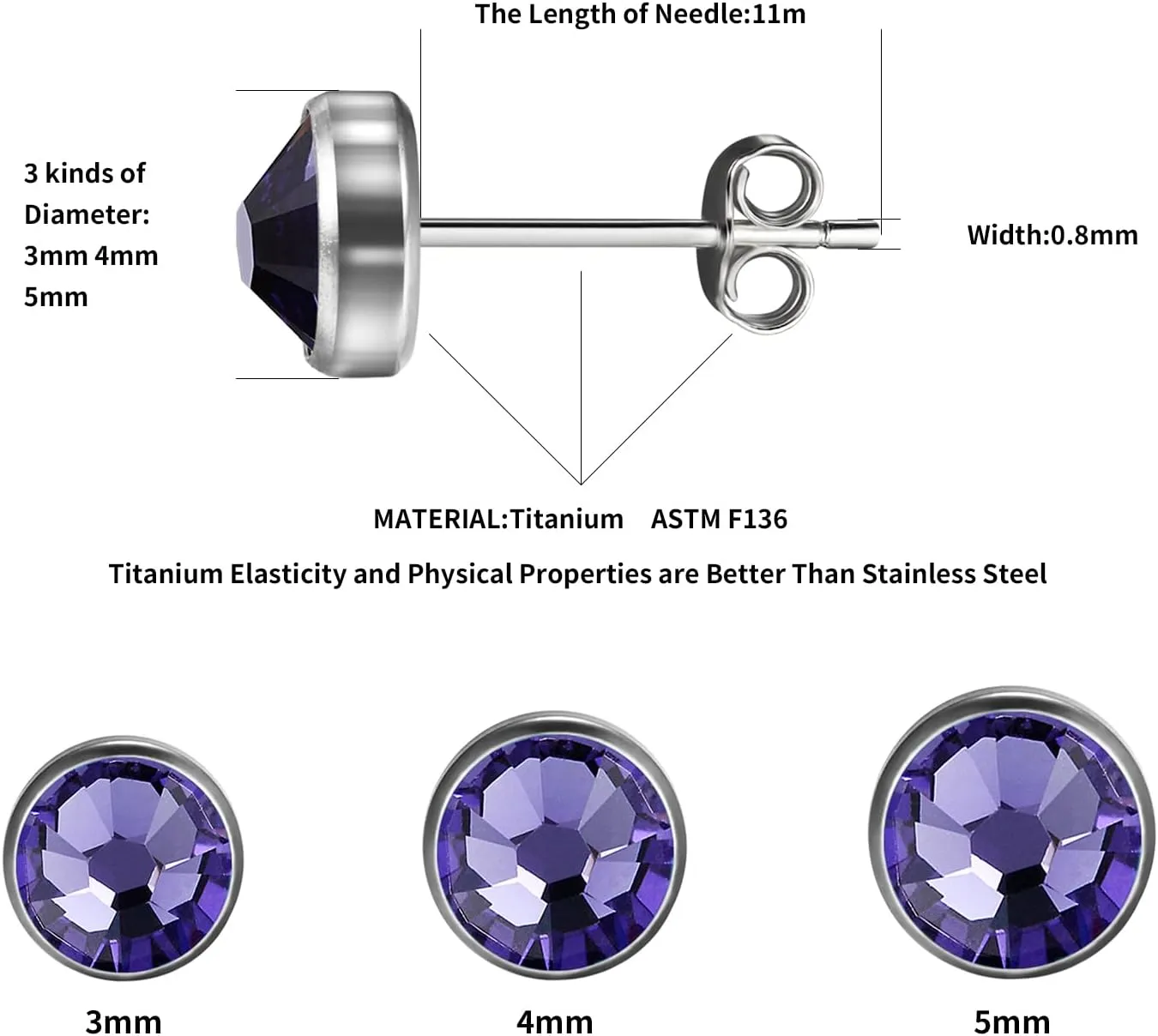 G23 Titanium Studs Earrings Hypoallergenic Earrings Women Stud Earrings Nickel Free Dainty Earrings for Sensitive Ears 3mm/4mm/5mm Stone Size Options