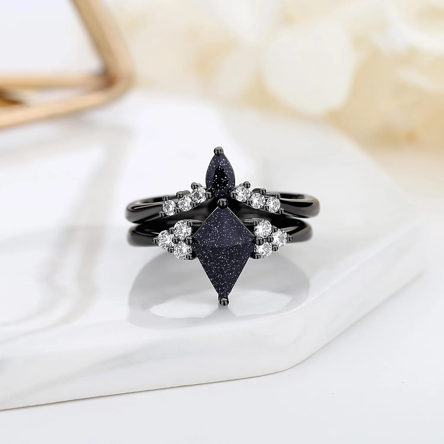 Galaxy Blue Sandstone Ring - Promise Ring For Her - Space Engagement Ring - Outer Space Couples Ring - 2 Pc Unique Matching Rings - Wedding Birthday Gifts