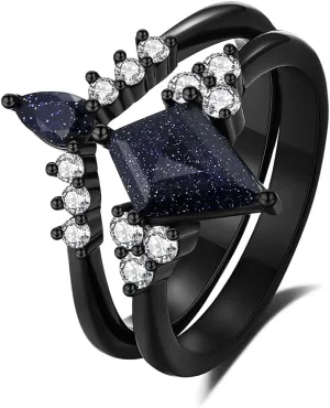 Galaxy Blue Sandstone Ring - Promise Ring For Her - Space Engagement Ring - Outer Space Couples Ring - 2 Pc Unique Matching Rings - Wedding Birthday Gifts