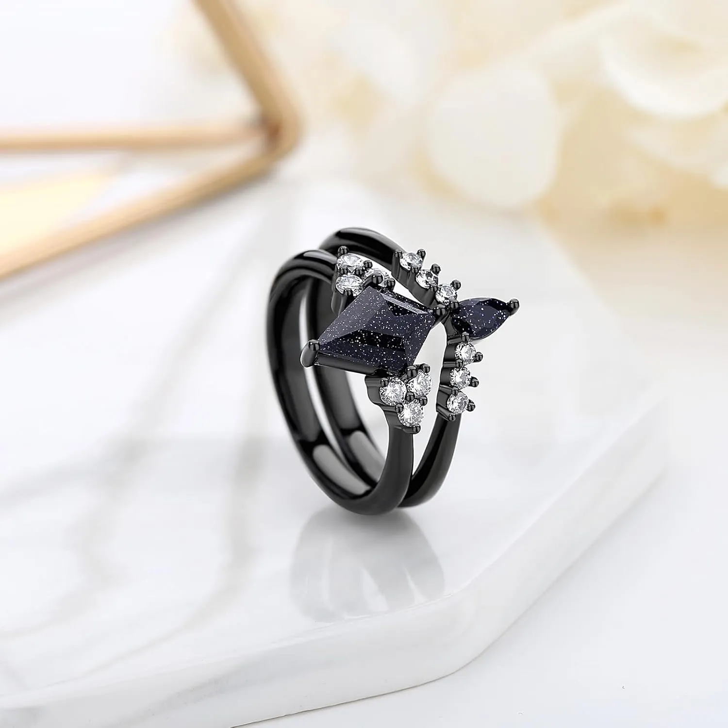 Galaxy Blue Sandstone Ring - Promise Ring For Her - Space Engagement Ring - Outer Space Couples Ring - 2 Pc Unique Matching Rings - Wedding Birthday Gifts