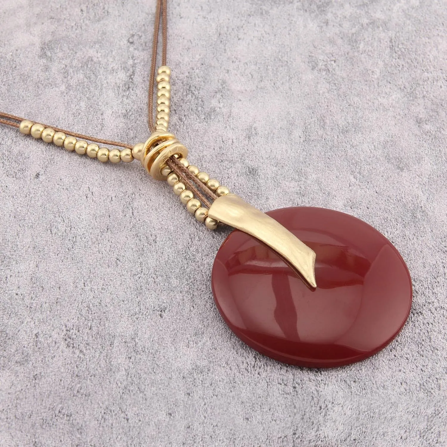 GelConnie Leather Necklace for Women Large Pendant Long Brown Necklace Circle Leather Choker Vintage Sweater Necklace Gold Chunky Boho Necklaces for Women