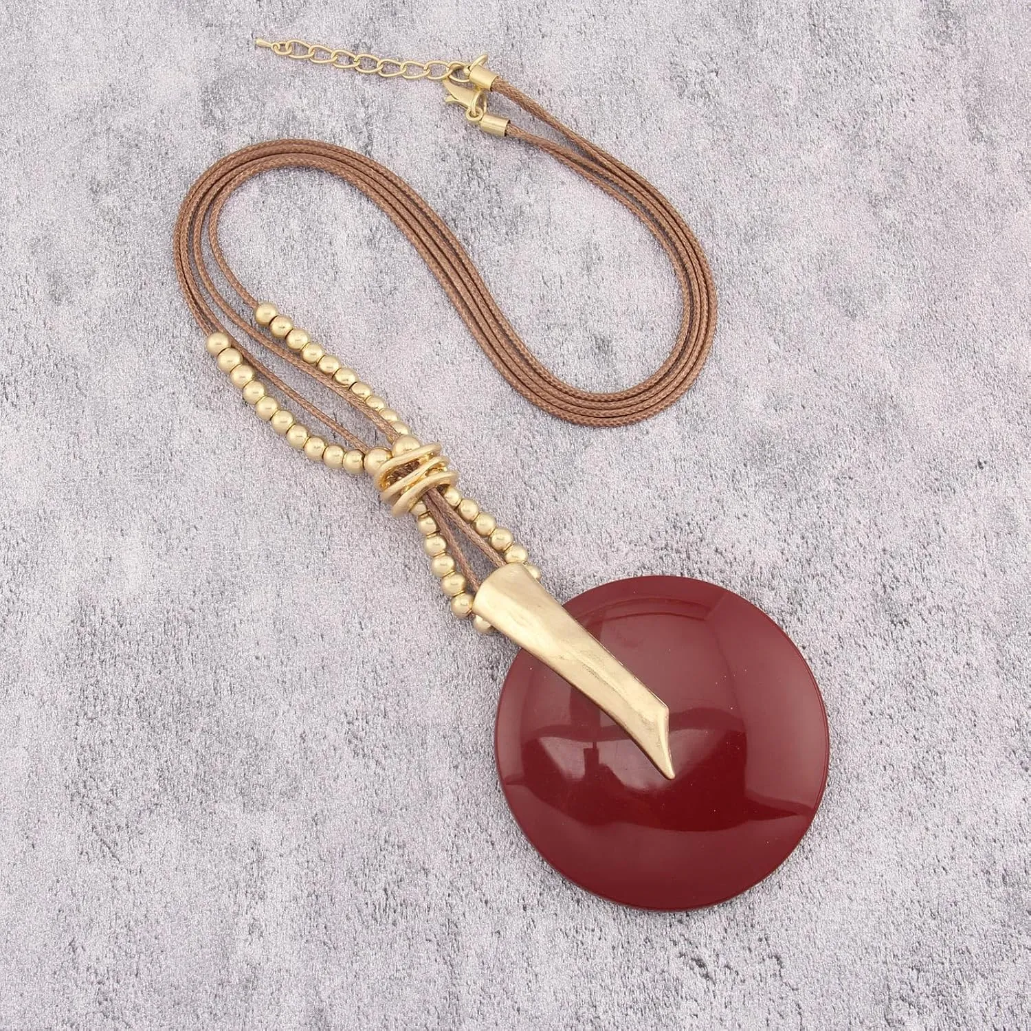 GelConnie Leather Necklace for Women Large Pendant Long Brown Necklace Circle Leather Choker Vintage Sweater Necklace Gold Chunky Boho Necklaces for Women