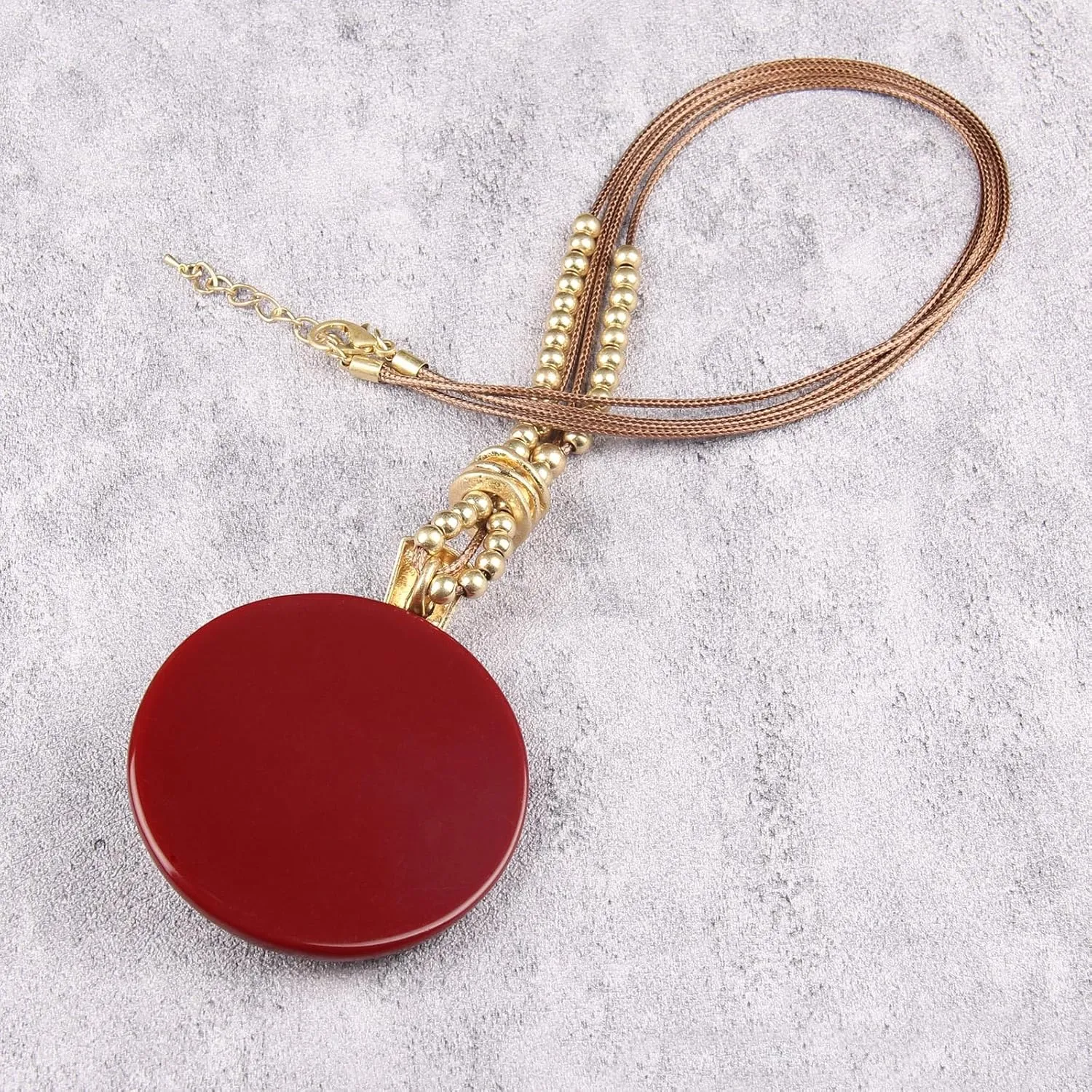 GelConnie Leather Necklace for Women Large Pendant Long Brown Necklace Circle Leather Choker Vintage Sweater Necklace Gold Chunky Boho Necklaces for Women