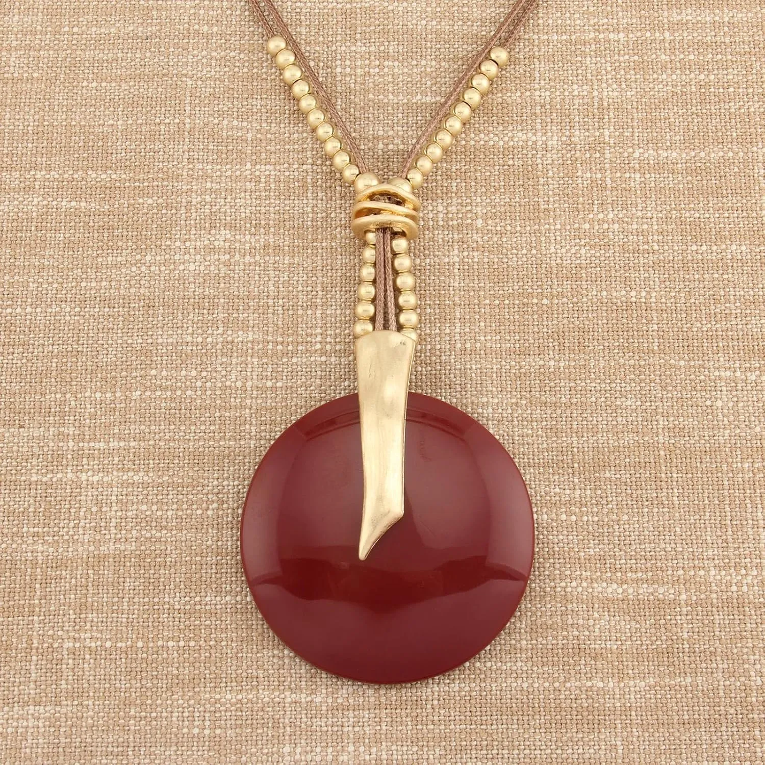 GelConnie Leather Necklace for Women Large Pendant Long Brown Necklace Circle Leather Choker Vintage Sweater Necklace Gold Chunky Boho Necklaces for Women