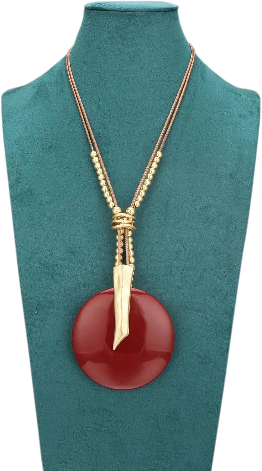GelConnie Leather Necklace for Women Large Pendant Long Brown Necklace Circle Leather Choker Vintage Sweater Necklace Gold Chunky Boho Necklaces for Women