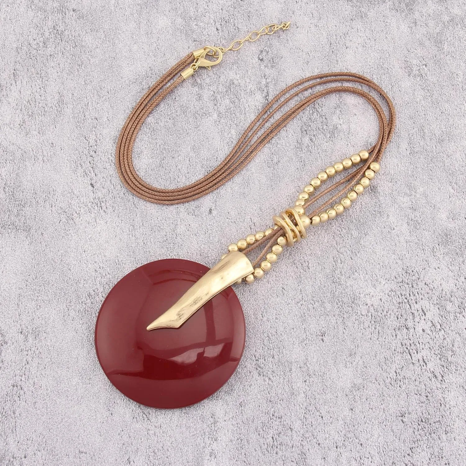 GelConnie Leather Necklace for Women Large Pendant Long Brown Necklace Circle Leather Choker Vintage Sweater Necklace Gold Chunky Boho Necklaces for Women