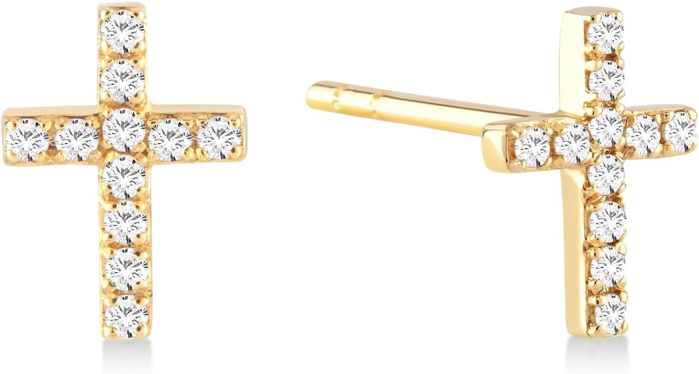 GELIN Diamond Cross Earrings in 14K Solid Gold | Diamond Mini Stud Earrings for Women