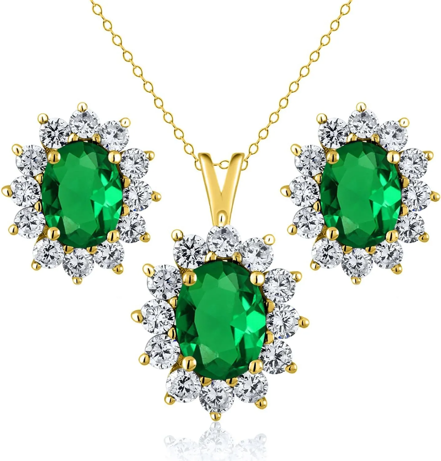 Gem Stone King 18K Yellow Gold Plated Silver Green Nano Emerald Pendant and Earrings Jewelry Set For Women (2.80 Cttw, Gemstone May Birthstone, Oval 8X6MM and 7X5MM, with 18 Inch Silver Chain)
