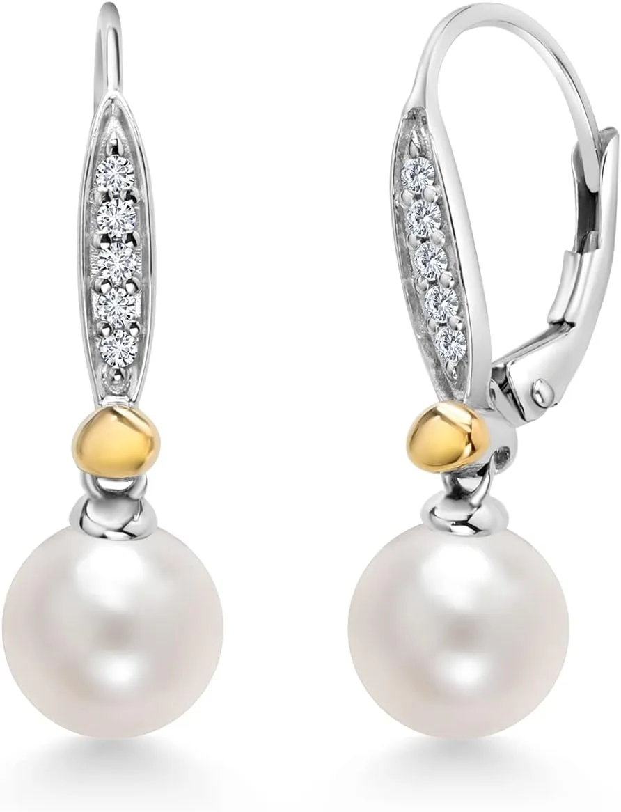 Gem Stone King 925 Sterling Silver and 10K Yellow Gold 6.5-7MM Cultured Freshwater Pearl and White Lab Grown Diamond Leverback Dangle Earrings For Women