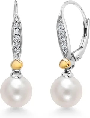 Gem Stone King 925 Sterling Silver and 10K Yellow Gold 6.5-7MM Cultured Freshwater Pearl and White Lab Grown Diamond Leverback Dangle Earrings For Women