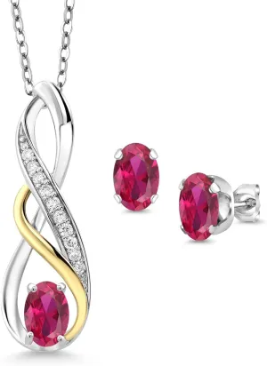 Gem Stone King 925 Sterling Silver and 10K Yellow Gold Red Created Ruby and White Lab Grown Diamond Pendant and Earrings Jewelry Set For Women (1.57 Cttw, with 18 Inch Chain)