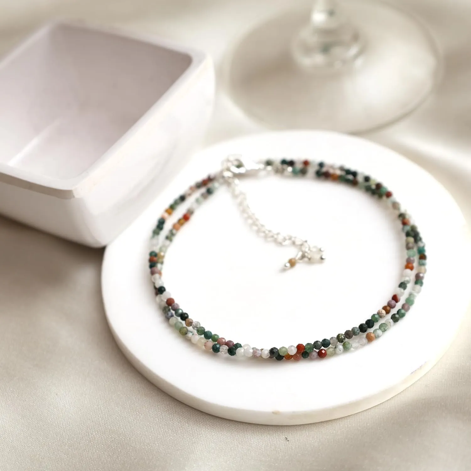 Gempires Natural Mossagate Beaded Necklace Handmade Crystal Choker Jewelry Hypoallergenic 18 Inch Silver Plated Layered Gemstone Women Necklaces