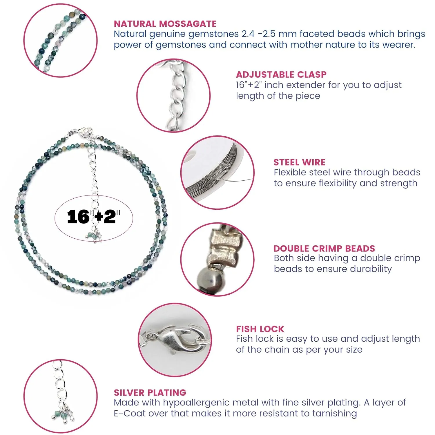 Gempires Natural Mossagate Beaded Necklace Handmade Crystal Choker Jewelry Hypoallergenic 18 Inch Silver Plated Layered Gemstone Women Necklaces