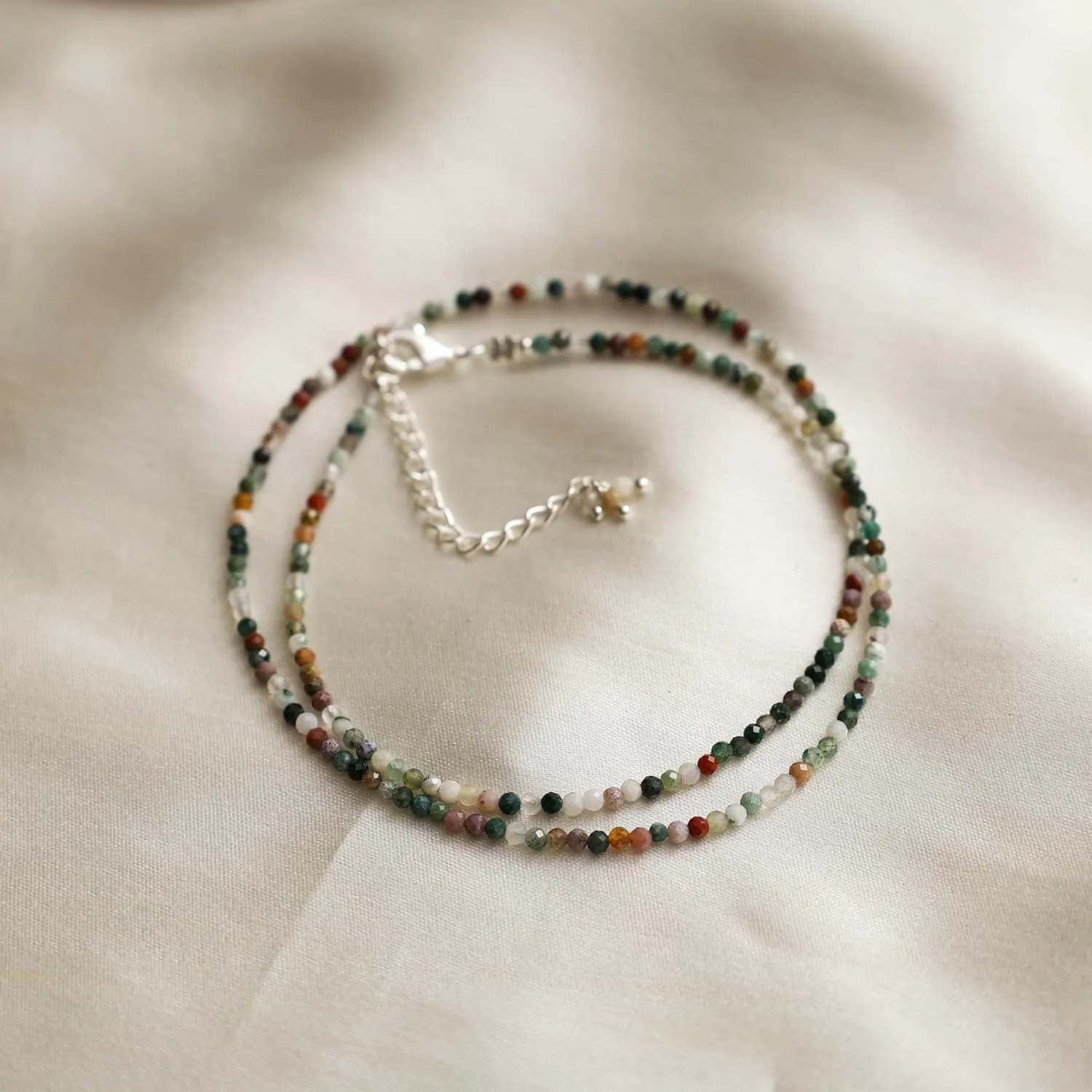 Gempires Natural Mossagate Beaded Necklace Handmade Crystal Choker Jewelry Hypoallergenic 18 Inch Silver Plated Layered Gemstone Women Necklaces