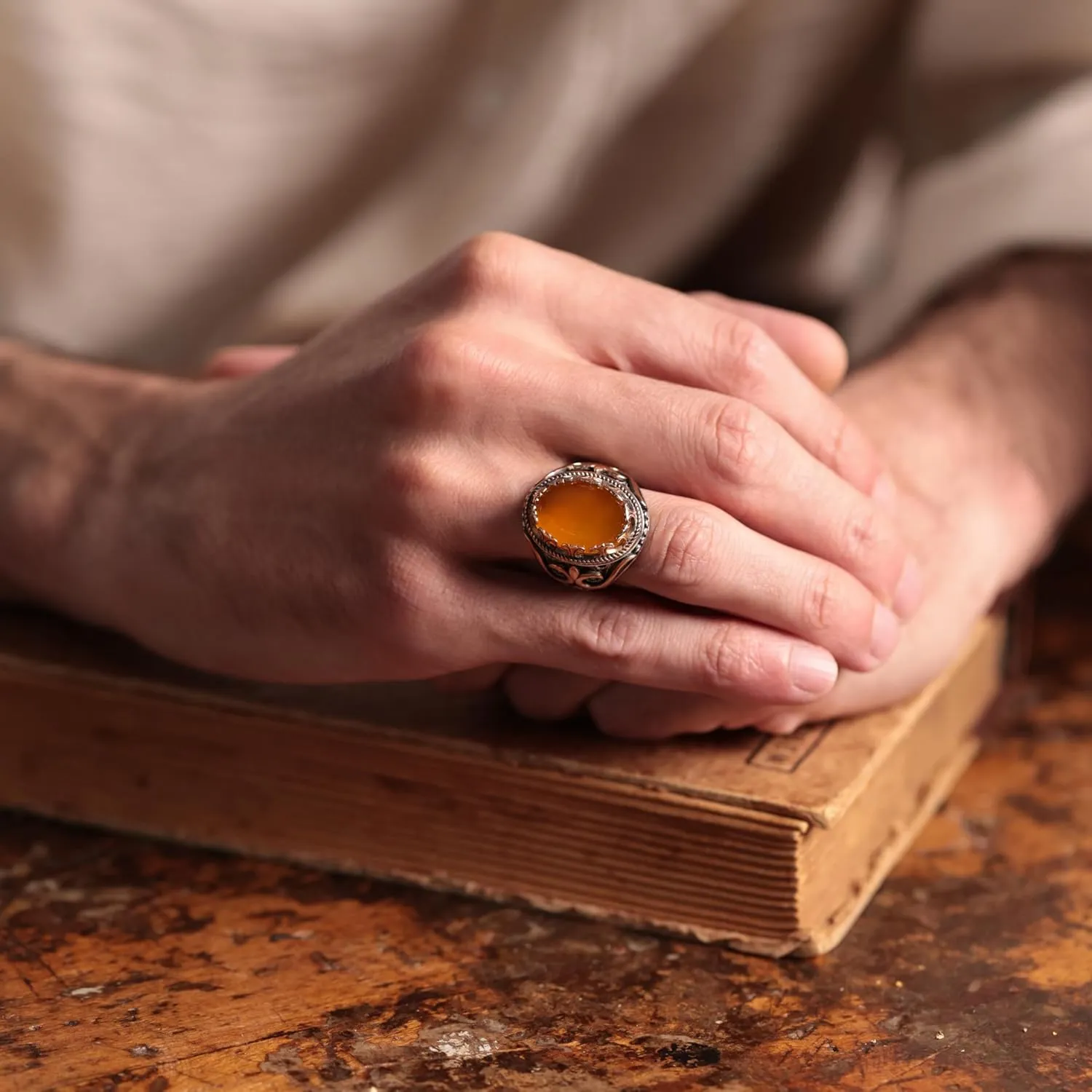 Genuine Solid 925 Sterling Silver Accented with Bronze and Stone, Authentic Vintage Turkish Ottoman Style Ring for Men
