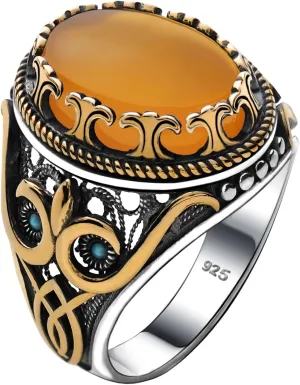 Genuine Solid 925 Sterling Silver Accented with Bronze and Stone, Authentic Vintage Turkish Ottoman Style Ring for Men
