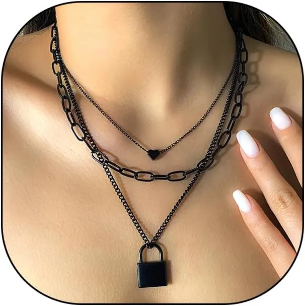 GIGB PBDK Layered Lock Pendant Necklace,Punk Multilayer Stackable Black Paperclip Choker,Aesthetic Halloween Statement Accessories Jewelry for Women