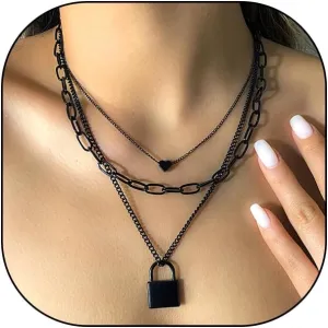 GIGB PBDK Layered Lock Pendant Necklace,Punk Multilayer Stackable Black Paperclip Choker,Aesthetic Halloween Statement Accessories Jewelry for Women