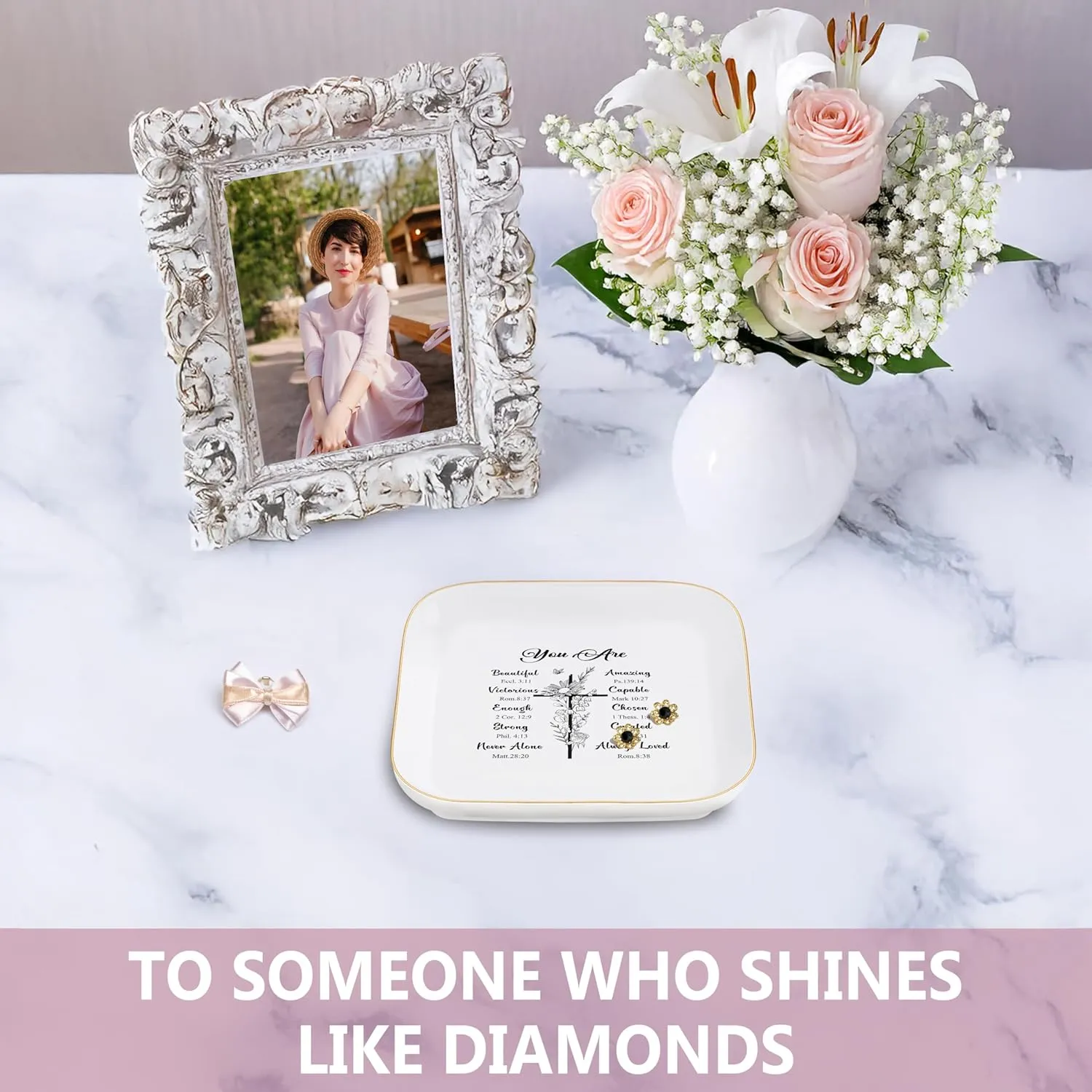 God Says You Are - Christian Bible Verse Jewelry Dish Trinket Tray - Unique Ceramic Ring Jewelry Tray for Women (You Are Beautiful)