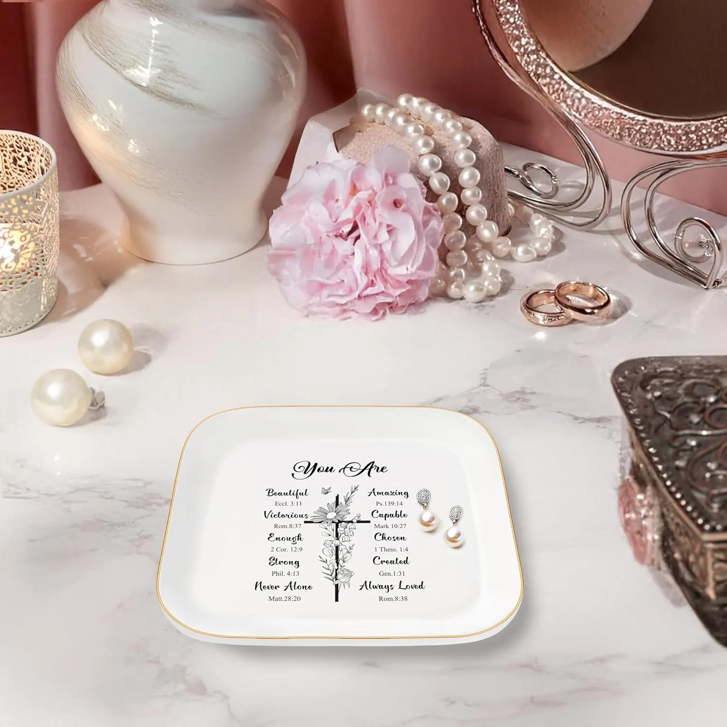 God Says You Are - Christian Bible Verse Jewelry Dish Trinket Tray - Unique Ceramic Ring Jewelry Tray for Women (You Are Beautiful)