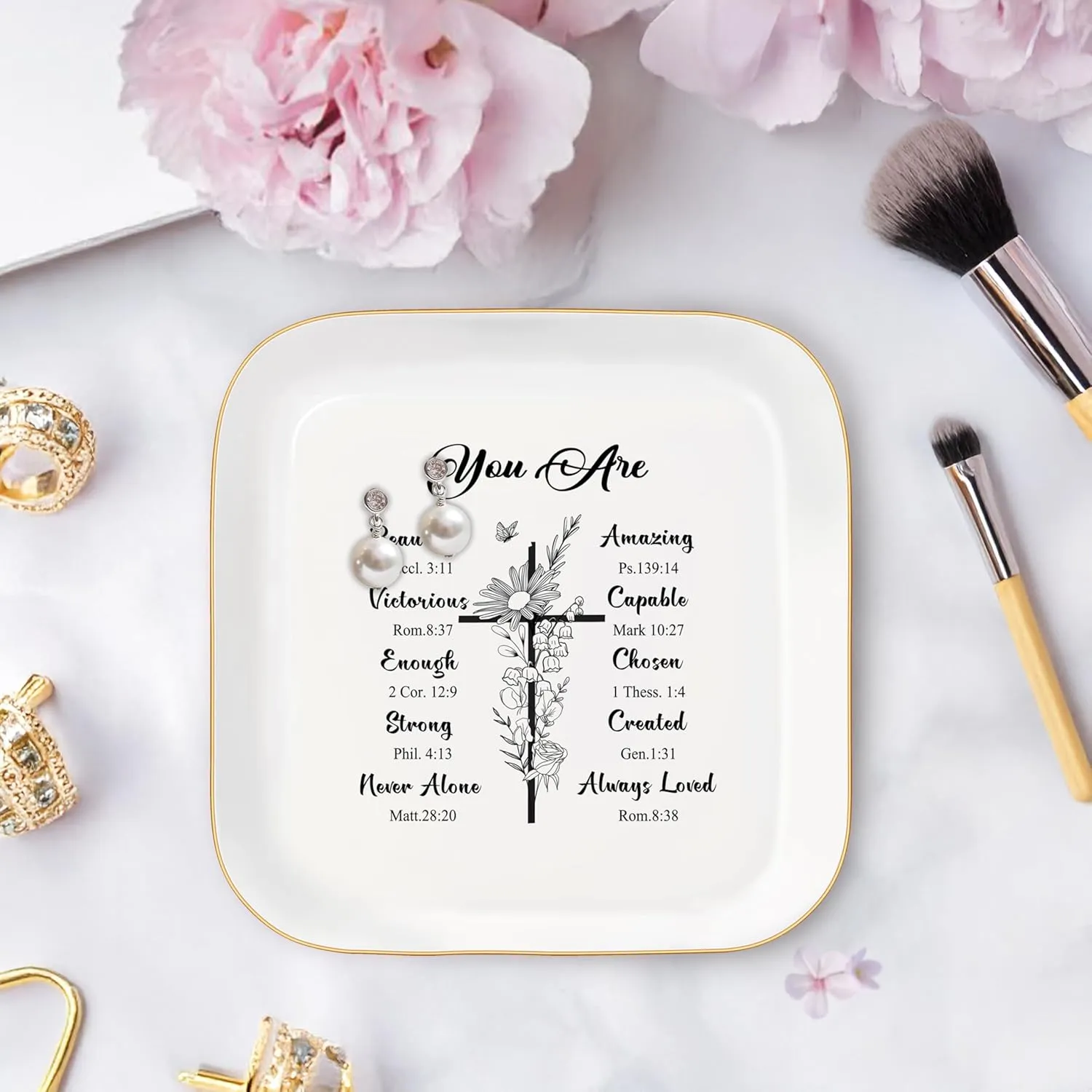 God Says You Are - Christian Bible Verse Jewelry Dish Trinket Tray - Unique Ceramic Ring Jewelry Tray for Women (You Are Beautiful)