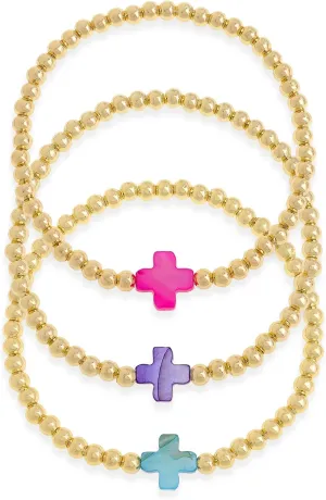 Gold Beaded Cross Shell Bracelets Set for Women, 3Pcs Boho Handmade Stackable Beads Party Jewelry Gift.