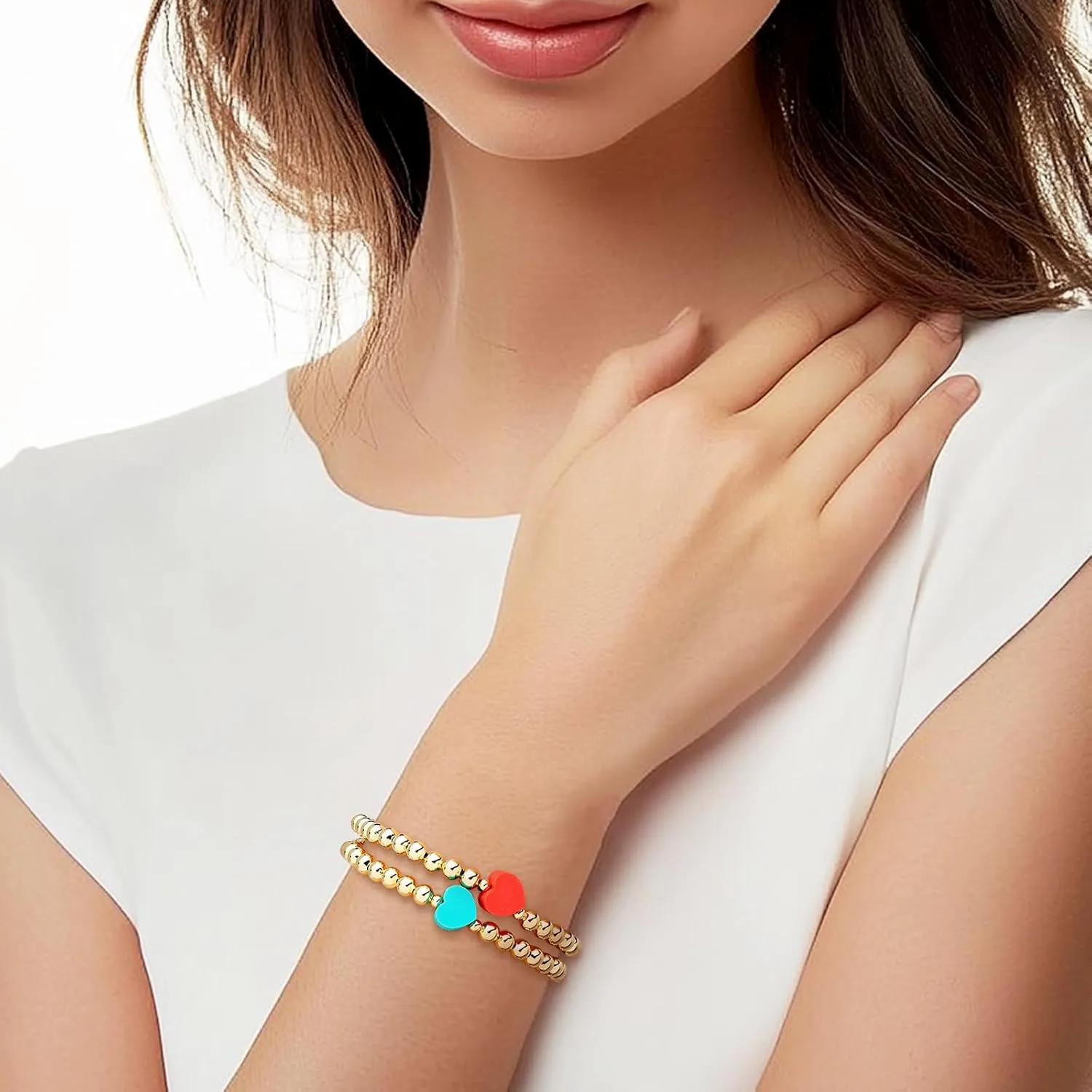 Gold Beads Couple Stack Bracelets Set for Women, Trendy Boho Handmade Love Heart Friendship Bracelet Jewelry Gift.