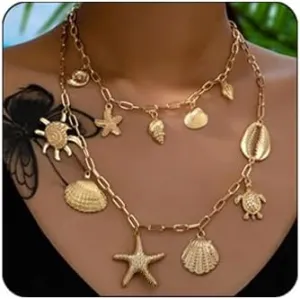 Gold Boho Layered Shell Necklace for Women Bohemian Starfish Turtle Conch Pendant Charm Necklace Double Layer Beachy Ocean Jewelry for Summer Vacation