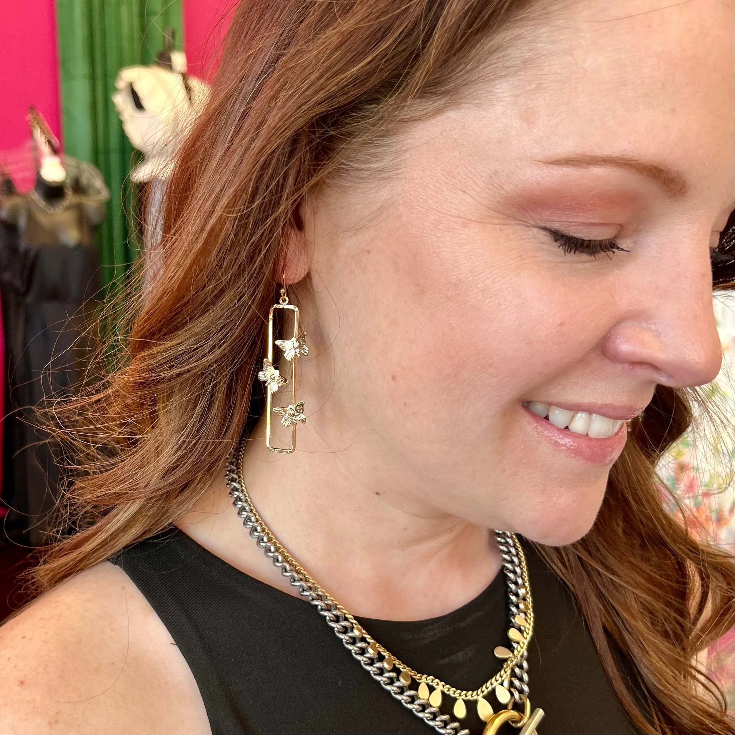 Gold Butterfly Long Rectangle Earring