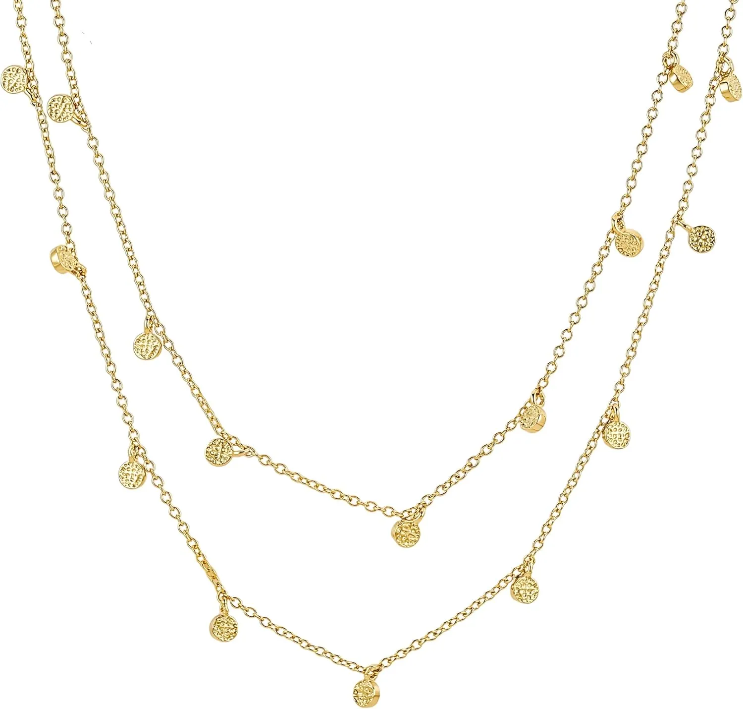 Gold Double Layer Dainty Necklace - Double Gold for Women - Adjustable with Mini Hammered Disc Details - Zoe by Malibu