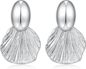Gold Earrings Dangle Chunky Fan-shaped Earrings Shell Earring for Women Two-Tone Fashion Statement Jewelry