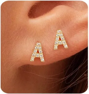 Gold Earrings for Women 14K Gold Cubic Zirconia Initial Letter Stud Earrings Trendy Simple Tiny Small Minimalist Dainty Cute Hypoallergenic Initial Earrings Jewelry Gifts for Women
