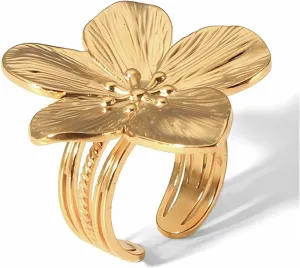 Gold Flower Ring for Women Trendy Silver Flower Statement Ring Adjustable Minimalist Rings Jewelry