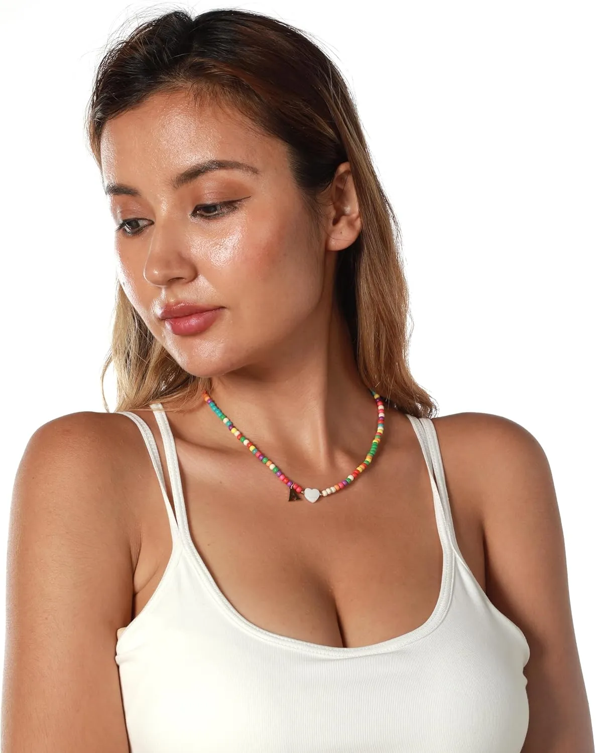 Gold Initial Necklace for Women - Handmade Bohemian Colorful Beaded Initial Stainless Steel 18K Plated Gold Choker Necklace with Heart Shells Letter A Pendant Necklace Jewelry Gifts
