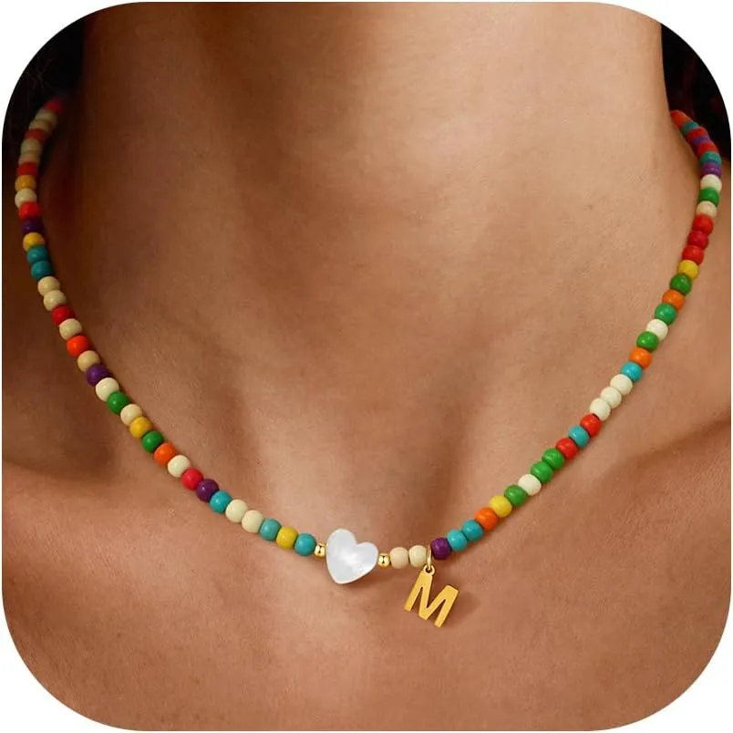 Gold Initial Necklace for Women - Handmade Bohemian Colorful Beaded Initial Stainless Steel 18K Plated Gold Choker Necklace with Heart Shells Letter A Pendant Necklace Jewelry Gifts