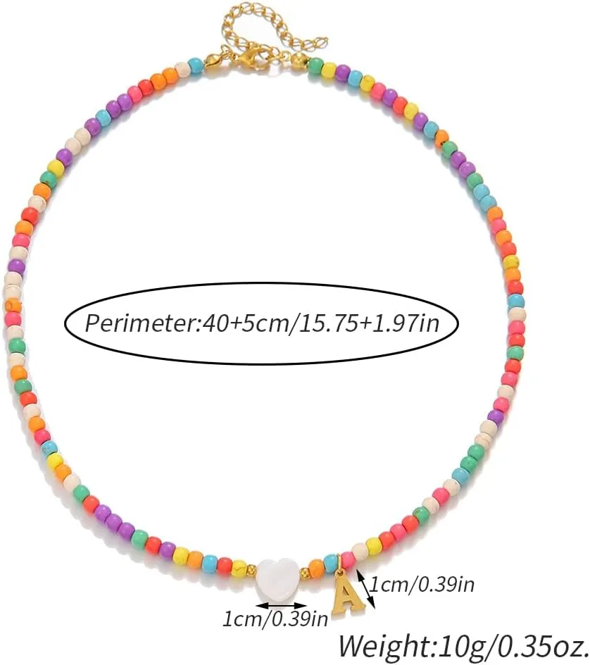 Gold Initial Necklace for Women - Handmade Bohemian Colorful Beaded Initial Stainless Steel 18K Plated Gold Choker Necklace with Heart Shells Letter A Pendant Necklace Jewelry Gifts