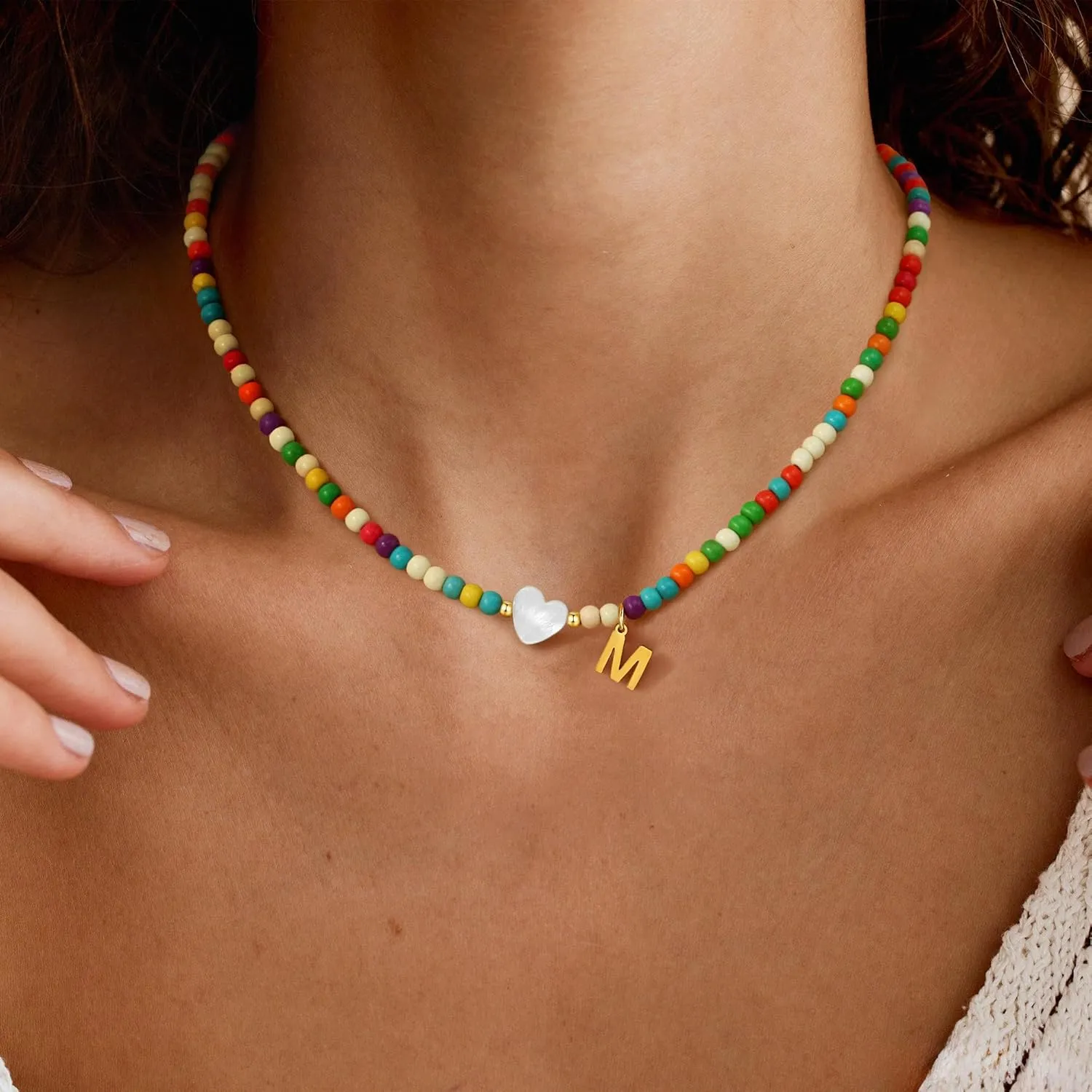 Gold Initial Necklace for Women - Handmade Bohemian Colorful Beaded Initial Stainless Steel 18K Plated Gold Choker Necklace with Heart Shells Letter A Pendant Necklace Jewelry Gifts