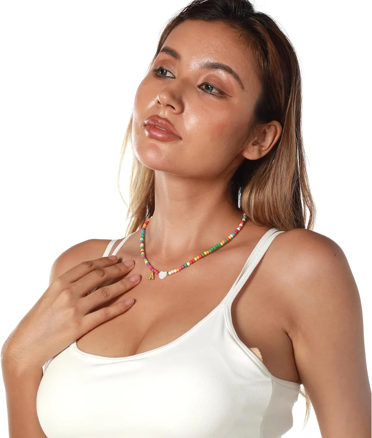 Gold Initial Necklace for Women - Handmade Bohemian Colorful Beaded Initial Stainless Steel 18K Plated Gold Choker Necklace with Heart Shells Letter A Pendant Necklace Jewelry Gifts
