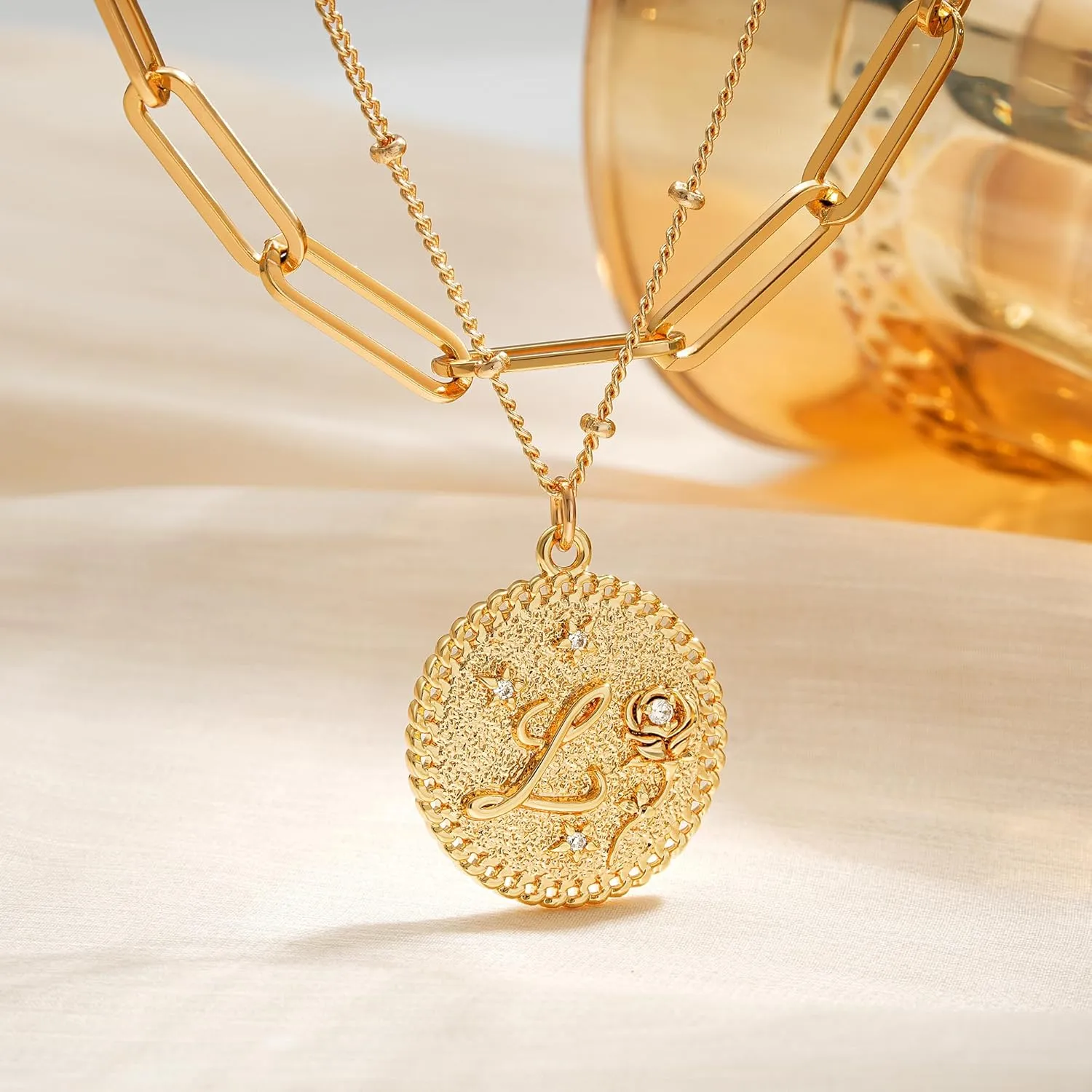 Gold Initial Necklaces for Women Trendy 14K Gold Plated Letter A- Z Pendant Necklace Paperclip Link Chain Personalized Coin Layered Dainty Gold Necklace for Women Gold Jewelry