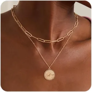 Gold Initial Necklaces for Women Trendy 14K Gold Plated Letter A- Z Pendant Necklace Paperclip Link Chain Personalized Coin Layered Dainty Gold Necklace for Women Gold Jewelry
