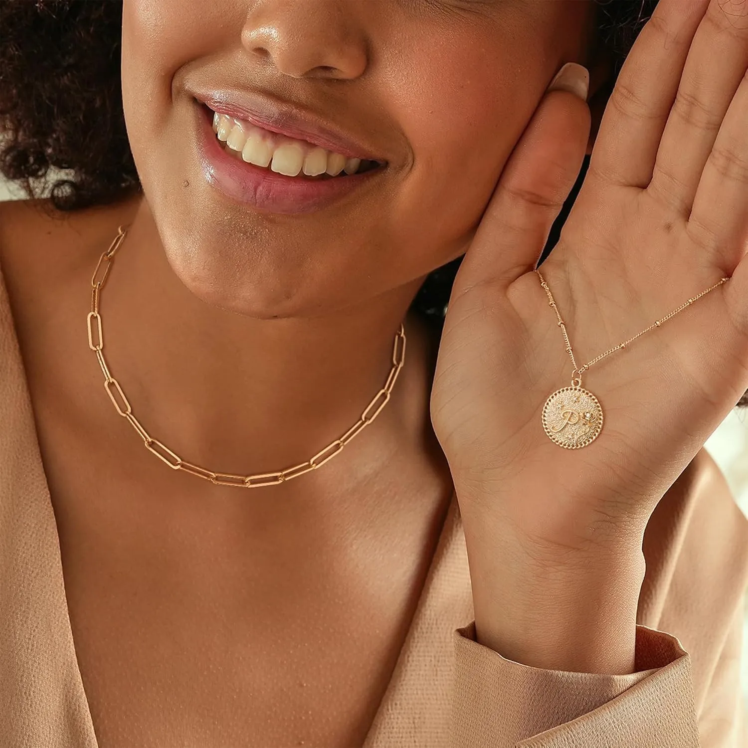Gold Initial Necklaces for Women Trendy 14K Gold Plated Letter A- Z Pendant Necklace Paperclip Link Chain Personalized Coin Layered Dainty Gold Necklace for Women Gold Jewelry